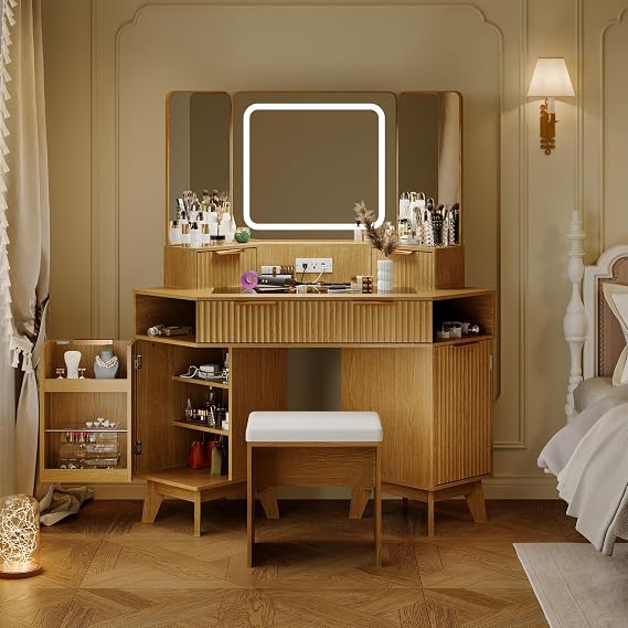 Garvee Corner Makeup Vanity Desk, Modern Vanity Desk with HD Triple Mirror, Corner Vanitys with Clear Glass Top, Fluted Makeup VanityDesk