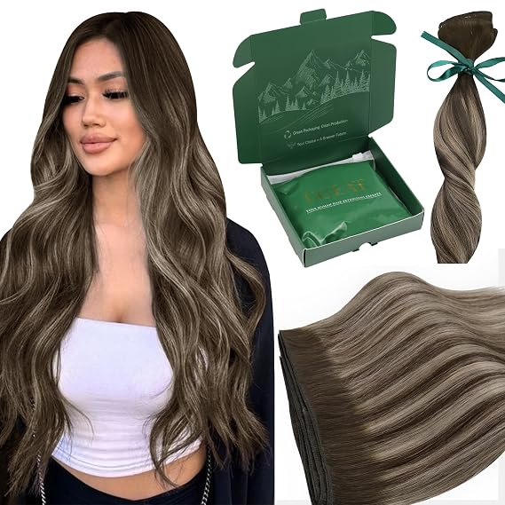 Ugeat Sew in Hair Extensions Ash Brown Weft Extensions Medium Brown Mix Ash Brown Natural Looking for Women to Add Length and Volume 16 Inch 100g