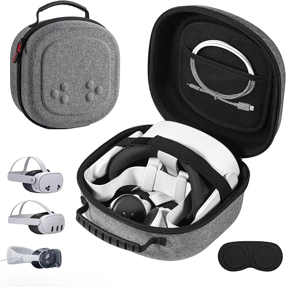 DEVASO Compact Carrying Case for Meta Quest 3/Quest 3S/Vision Pro, Small Hard Case with Lens Protector Cover for VR Headset, Touch Controller, Original Fabric Strap & Accessories Gray