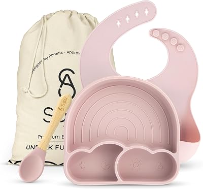 All In One Silicone Baby Feeding Set By SofiAl - Safe for 6-12 Months - Non-Toxic Baby Led Weaning Supplies, Suction Plate Or Bowl, Bib, Spoon & Gift Bag - BPA-Free - Mess Free Baby Feeding Essentials