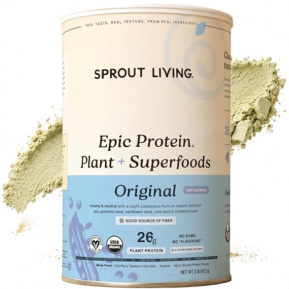 Sprout Living Plant Based Protein & Superfoods Powder, Original, Unflavored | Organic Protein Powder, Vegan, Non Dairy, Non-GMO, Gluten Free, Sugar Free, Perfect Keto Drink Mix (2 lb)