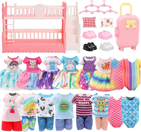 24 Pcs Doll Clothes & Dollhouse Accessories Set for 5.3 Inch Dolls | 3 Princess Dress 3 Top & Pants 2 Swimsuits 4 Shoes Dollhouse Bunk Bed Travel Suitcase with Pillows, Hangers for 4-6 Inch Doll
