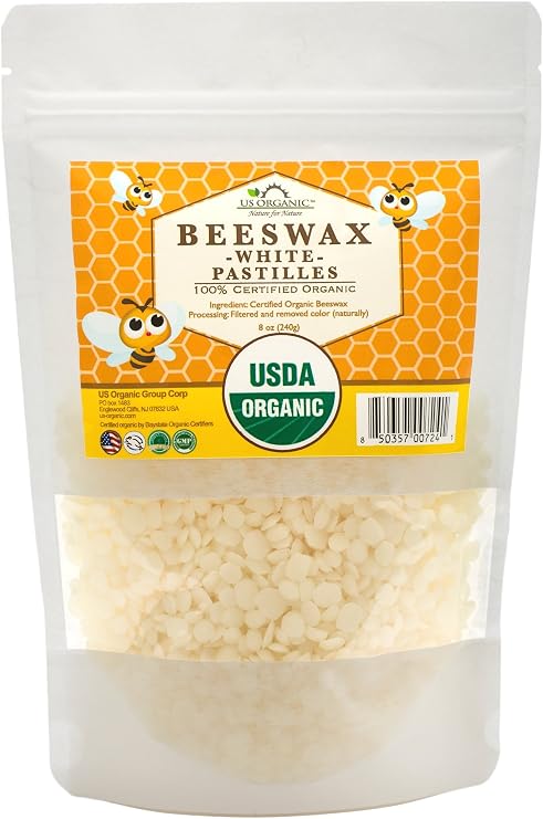 US Organic Beeswax 100% Pure White Pastilles, USDA Certified, for DIY Candle, Lip Balm, Body Cream, Lotion, Deodorant, Crayon, and Many More uses. 8 oz (Medium)