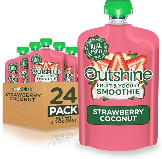 Outshine Strawberry Coconut Yogurt Smoothie Pouches - Fruit Pouches, Ready-to-Drink Smoothies, Kids & Adults Pureed Foods - Fruit Pouches for Kids & Adults, Smoothie Drink - (24 Count)