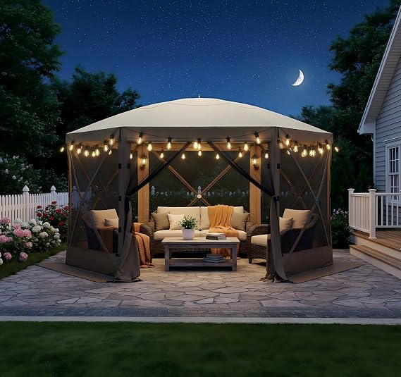 Aoxun 12x12ft Pop Up Gazebo, Gazebo Screen Tent with LED Light, Brown