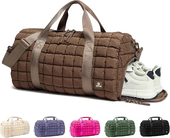 Quilted Gym Bag for Women,Duffle Bag for Travel with Wet Pocket,Carry on Weekender Bags for Women,Travel Bag with Shoe Compartment(Brown)