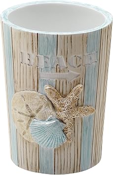 Zenna Home Seaside Serenity Bathroom Tumbler with Carved Resin Design, Cotton Swab Holder or Jewelry Holder for Bathroom Decor with Hand-Painted Shells, Teal/Ivory