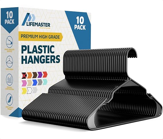 Lifemaster Plastic Clothes Hangers Heavy Duty Hanger Set, for Organizing Clothes, Dresses, and Coat, Holds Up to 5 lbs, Space-Saving Hangers with Non-Slip Shoulder Grooves, Pack of 10, Black