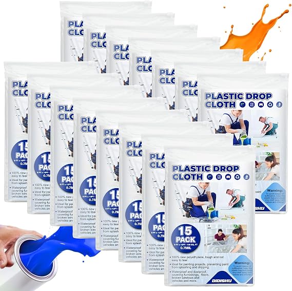 15 Pack Plastic Drop Cloths for Painting 9x12 Feet, Extra Thick Clear Plastic Painters Drop Cloth, Disposable Paint Plastic Covering Tarp, Waterproof PlasticDust Sheets for Covering Furniture