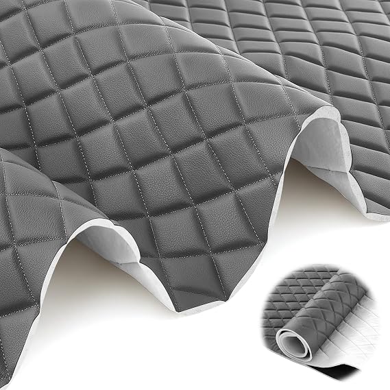 SmoothNovelty 2.1 Yards Diamond Quilted Vinyl Headliner Material 55 in Wide Faux Leather with Foam Backed 2" x 3" Diamonds Pattern Fabric for Car Furniture Upholstery(Dark Gray, White Thread)