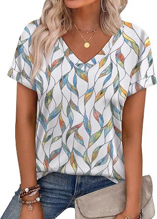 WEESO Womens T Shirts Short Sleeve Summer Tops Cute V Neck Casual Blouses