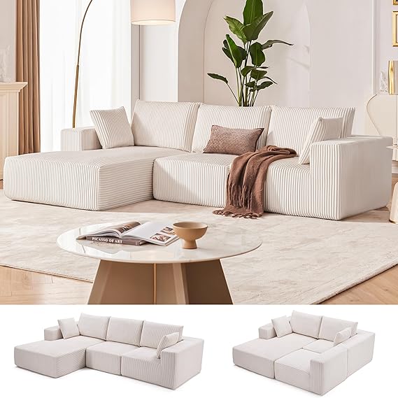 108" Boneless Couch with Chaise, Cloud Sectional Modular Sofa, Beige | Deep Seat Modular Sectional Sofa for Living Room, Upholstered Corduroy Couch for Apartment, Convertible No Assembly Sofa