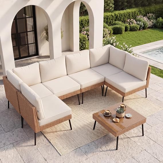 Aoxun 7-Piece Patio Furniture Set with Coffee Table, Beige