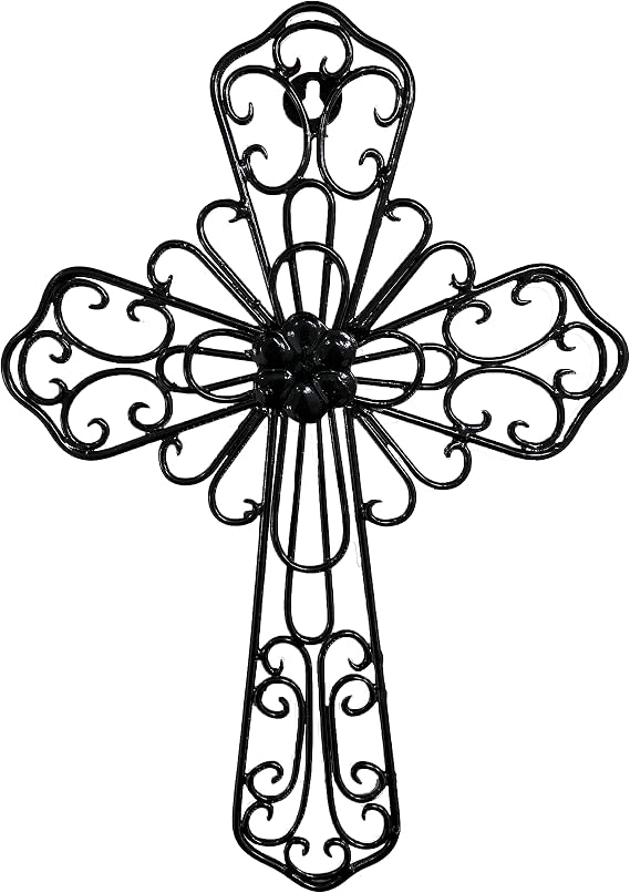 RELY+ Black Wall Cross 14X10 Inch Living Room Decor Outdoor Crucifix Wall Decor Metal Wall Art Decorative Hanging Iron Wrought Wall Decor Crosses for Rustic Indoor Home Valentine's Day Decorations