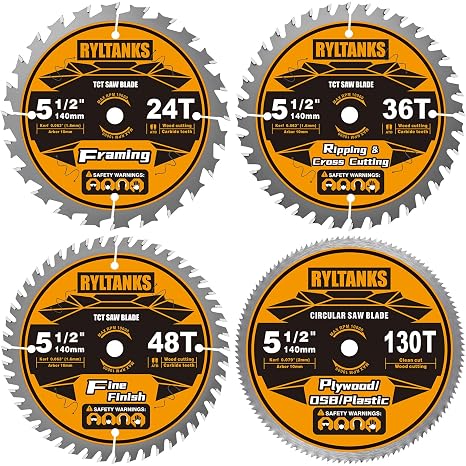 5-1/2 Inch Circular Saw Blades with 10mm Arbor, 24T for Framing&36T for Ripping and Cross Cutting&48T for Fine Finish&130T for Wood/Plywood/OSB/Plastic, 4-Pack