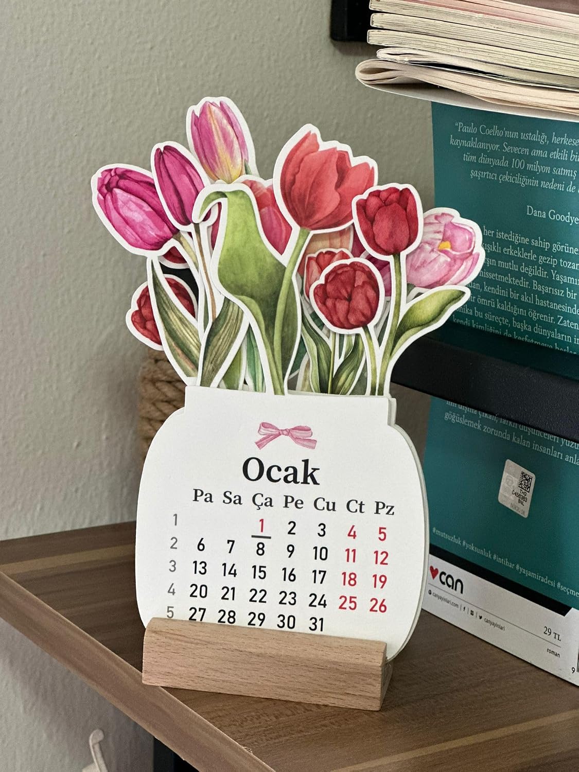 2026 Floral Mini Special Design with Wooden Legs, Desktop Calendar, Tulip Flower Bouquet - New Year 2026