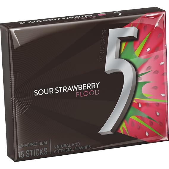 5 Gum Strawberry Flood Sugarfree Gum, Single Pack (15 Pieces)