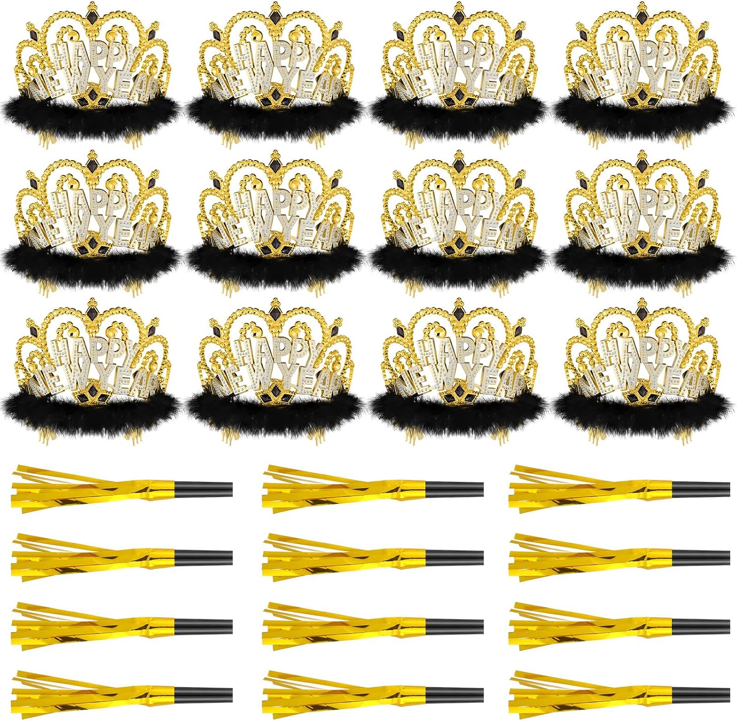 Leitee 24 Pcs 2025 New Years Eve Party Supplies Include 12 Happy New Year Headband Tiara Crow with Faux-fur 12 Squawkers Fringed Noisemakers for 2025 Year Eve Christmas Party Supplies