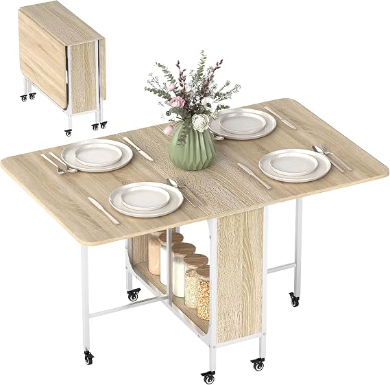 HOMCOM Mobile Drop Leaf Table for 4-6 with Storage Shelf, Natural Wood