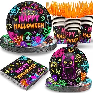 125PCS Plates and Napkins Set, 9 inches Neon Happy Halloween & 7 inches Black Cat Paper Plate Napkins Cups Forks for Birthday Party Decorations Dinnerware Supplies (Halloween Plates Set)