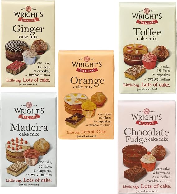 Wrights Cake Mix Selection Pack 5X500g - Ginger, Madeira, Toffee, Chocolate Fudge & Orange - Can be used to bake light & moist cakes, slices, muffins or cupcakes (NP)