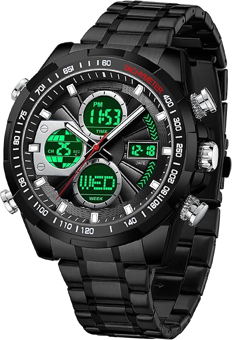 Luxury Stainless Steel Watches for Men Gold Digital Analog Mens Watch | Stylish Multifunctional Wristwatch Classic Business Countdown Alarm Three Time Zone Waterproof