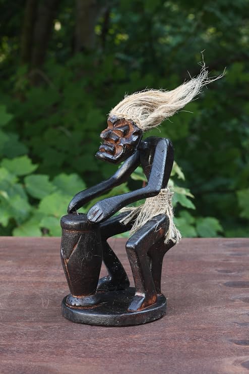 G6 Collection Wooden Handmade Tiki Playing Djembe Drum Statue, 6.5 inch | Hand Carved Teak Wood, Primitive Tribal, Musician Sculpture, Tropical Home Decor, Unique Art Gift