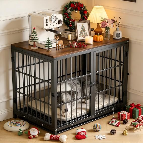 Bingopaw Dog Crate Furniture: 36Inch Connectable Wooden Cage Table with Three Doors - Indoor Pet House Coffee Table with Removable Tray