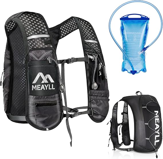 Running Vest with 1L Water Bladder Women Men, Lightweight & Breathable Running Backpack with Reflective Strips and 9 Functional Pockets (Phone Holder) - 5L Capacity Adjustable Black Hydration Vest