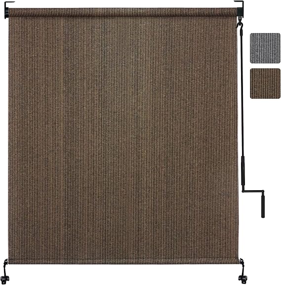 Outdoor Roller Shade 8' W x 8' H Cordless - Two Pole Splicing Design Exterior Roll Up Blinds with One-Piece 90% UV Block Fabric for Patio, Backyard, Pergola & Balcony, Mocha
