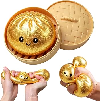 Mystery Dumpling Squishy Toy,Dumpling Stress Ball, Anxiety Relief,Fidget Toys Adults & Teens,Bun with Food Steamer Stretchy Desk ToysGold