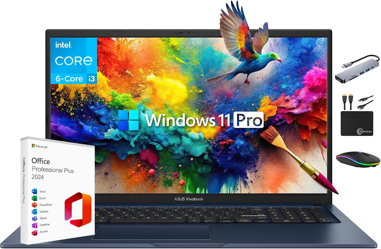 ASUS Vivobook 2025 17.3 FHD IPS Business Laptop, 16GB RAM, 1TB Storage 512GB SSD  500GB Ext, 6-Core Intel i3 Processor, Lifetime Office 2024 Copilot AI, Wi-Fi 6E, MarxsolAccessory, Win 11 Pro