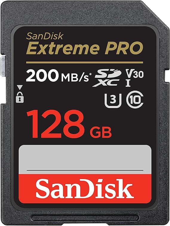 SanDisk 128GB Extreme PRO SDXC card, SD Card, V30 Memory Card, 4K UHD, up to 200 MB/s, SanDisk QuickFlow Technology, RescuePro Deluxe Data Recovery