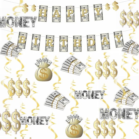 Money Theme Decoration KIT Bill Dollar Signs Birthday Banner & Hanging Swirls Money Bag Currency Symbol for Birthdays Casino Weddings Bachelorette Retirement Anniversary Graduations Party