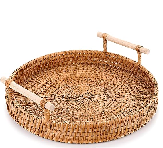Round Rattan Tray 8.7Inch - Handwoven Wicker Tray with Strong Base, Cute Country Style Design, Easy to Clean - Wicker Trays for Decor, Coffee Table, Fruits, Vegetables, Bread, Restaurant & Kitchen Use | Decorative Round Rattan Tray for Coffee Table, Handwoven, Restaurant Decor, Fruits, Vegetables, Bread; Country Style Design