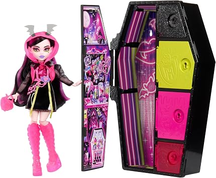 Monster High Skulltimate Secrets Neon Frights Doll & Accessories, Draculaura with Dress-Up Locker & 19+ Surprises