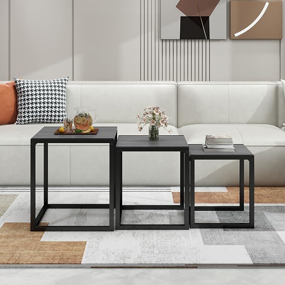 Nesting Table Set of 3 Side Wooden Tables, Square End Tables，Coffee Table with Metal Frame (Grey)