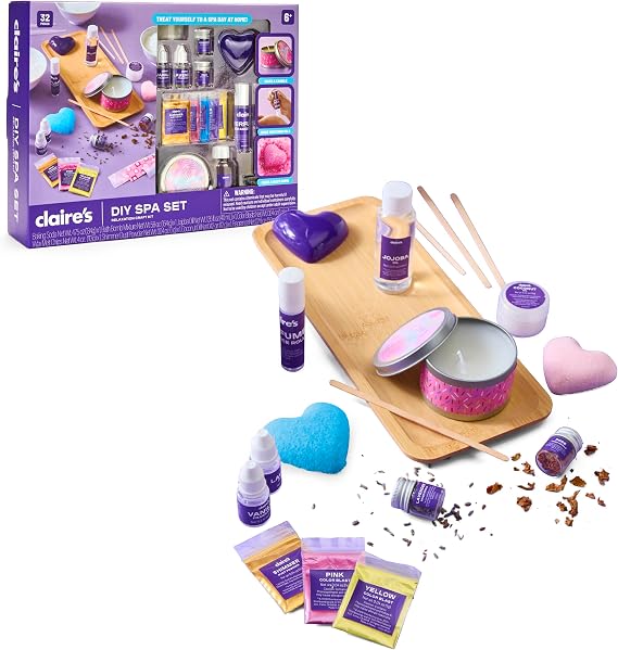 Claires DIY Bath Bomb & Scented Candle Making Set, 32-Piece Spa Craft Kit, Make Your Own Soothing Oils & Perfume Fragrance, Kids Toys, Science Beauty Project Activity, Arts & Crafts Gift for Ages 6+