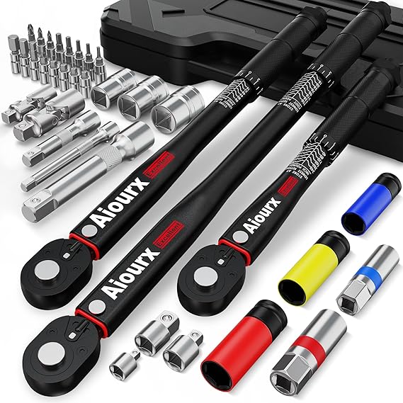 Torque Wrench Set 35PCS, 1/4" 3/8" 1/2" Drive Click Torque Wrench, 72 Tooth Dual-Direction Adjustable, Dual Scale, 3% Accuracy, for Bicycle, Motorcycle, Automotive Repair and Maintenance