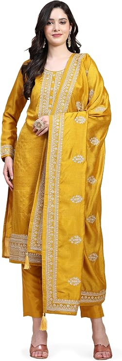 TRENDMALLS Women's Vichitra Silk Embroidery Work Kurta Pant with Dupatta