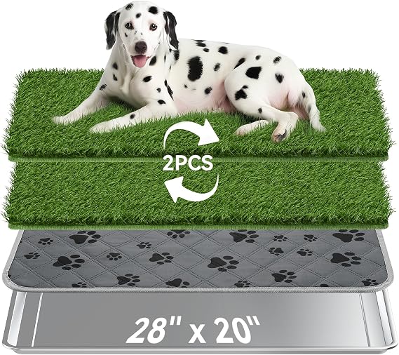 Pawaboo Stainless Steel Dog Grass Pad with Tray, 28'' x 20'' Dog Litter Box with 2pcs Reusable Artificial Grass Mats, Dogs Grasses Potty Tray with Washable Dogs Pee Pad for Balcony Indoor Outdoor Use