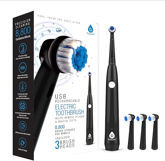 Rotating Electric Toothbrush for Adults with 3 Brush Heads - Toothbrush Electric with 3 Cleaning Modes - USB Rechargeable Toothbrush with 2 Minute Smart Timer (Black)