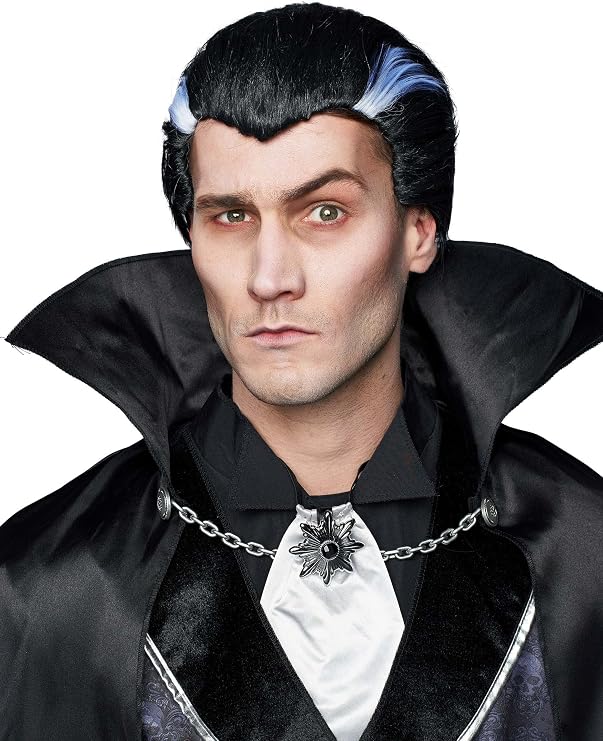 Fun Costumes Midnight Dracula Wig - Men's Vampire Halloween Costume Accessory - Styled with Widow's Peak Hairline and White Wisps - Standard - Black
