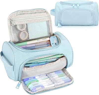 LABUK Blue Preppy Pencil Case, Big Capacity Marker Pencil Pouch, Stationery Bag School College Office Organizer Gift for Teens Girls Men Women Adults Students Preppy