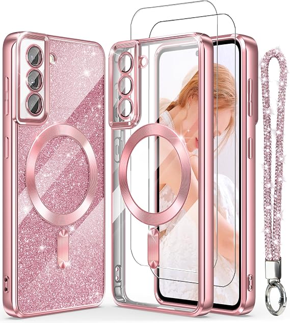 for Samsung Galaxy S21 Magnetic Luxury Plated Gold Phone Case, Pink