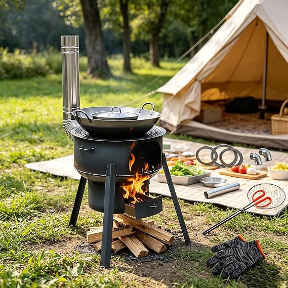Coal Wood Stove, 1 Set Of Multifunctional Portable Removable Iron Firewood Cooking Stove, Mobile Camping Stove for Outdoor Camping, Tent Heating, Fishing, Cooking (35 cm + 2 oven rings)