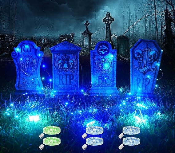 4 Pcs 16.2" Halloween Tombstones Decoration with 2 Green Fairy Lights(3 Modes) & 4 Blue Lights(3 Modes), Plastic RIP Grave Yard Signs with 8 Stakes for Grave, Outdoor Garden, Party Decor