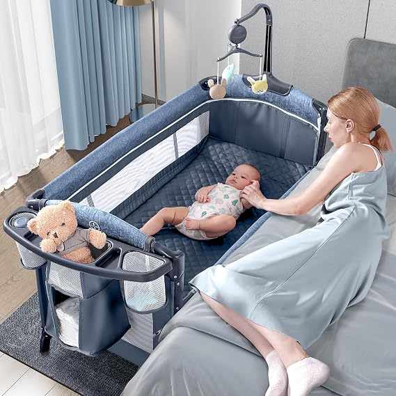 BabyBond Baby Bassinet Bedside Crib, Pack and Play, Diaper Changing Table | Portable Large Playard, Music Mobile, with Mattress, Lockable Wheels, Storage Shelf, Easy Fold, From Newborn to Toddler, Blue