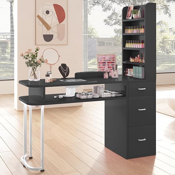 TABU Manicure Table,Large Professional Nail Station for Nail Tech with Side Cabinet and Large Drawers, Nail Workstation with Dust Collector and Wrist Cushion, Black