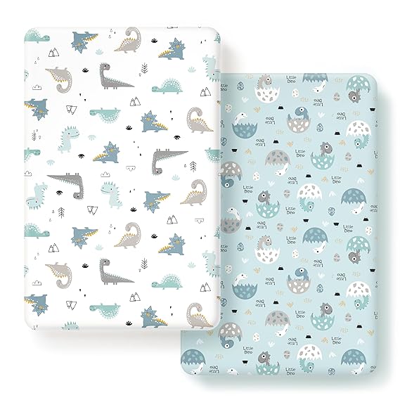 GRSSDER Stretchy Ultra Soft Jersey Knit Fitted Pack n Play Sheets Set 2 Pack, Portable/Mini Crib Sheets for Boys, Universal Fit for Pack N Plays Safe and Snug, Happy Dinosaurs for Baby